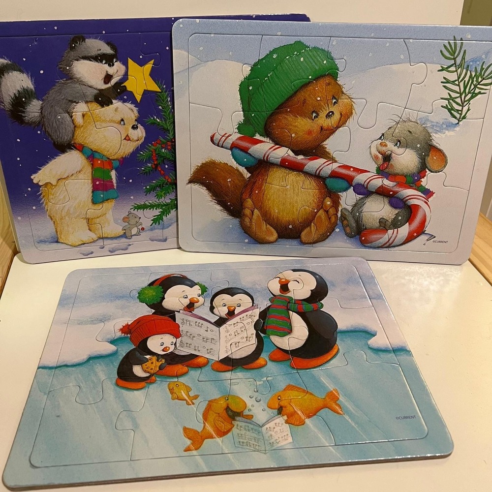 Vintage Current brand set 3 Christmas jigsaw Puzzles‎ 12 piece Winter Animals